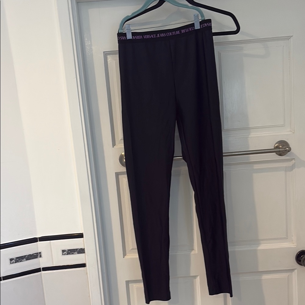 Versace Black Leggings with Purple Logo Waistband